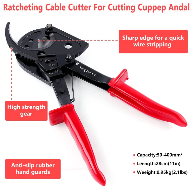 Yangoutool Ratcheting Cable Cutters up to 400mmÂ² /Î¦22.5mm/Î¦0.89 inches Heavy Duty Aluminum Copper Ratchet Wire Cutter for Cutting Electrical Wire - Image 3